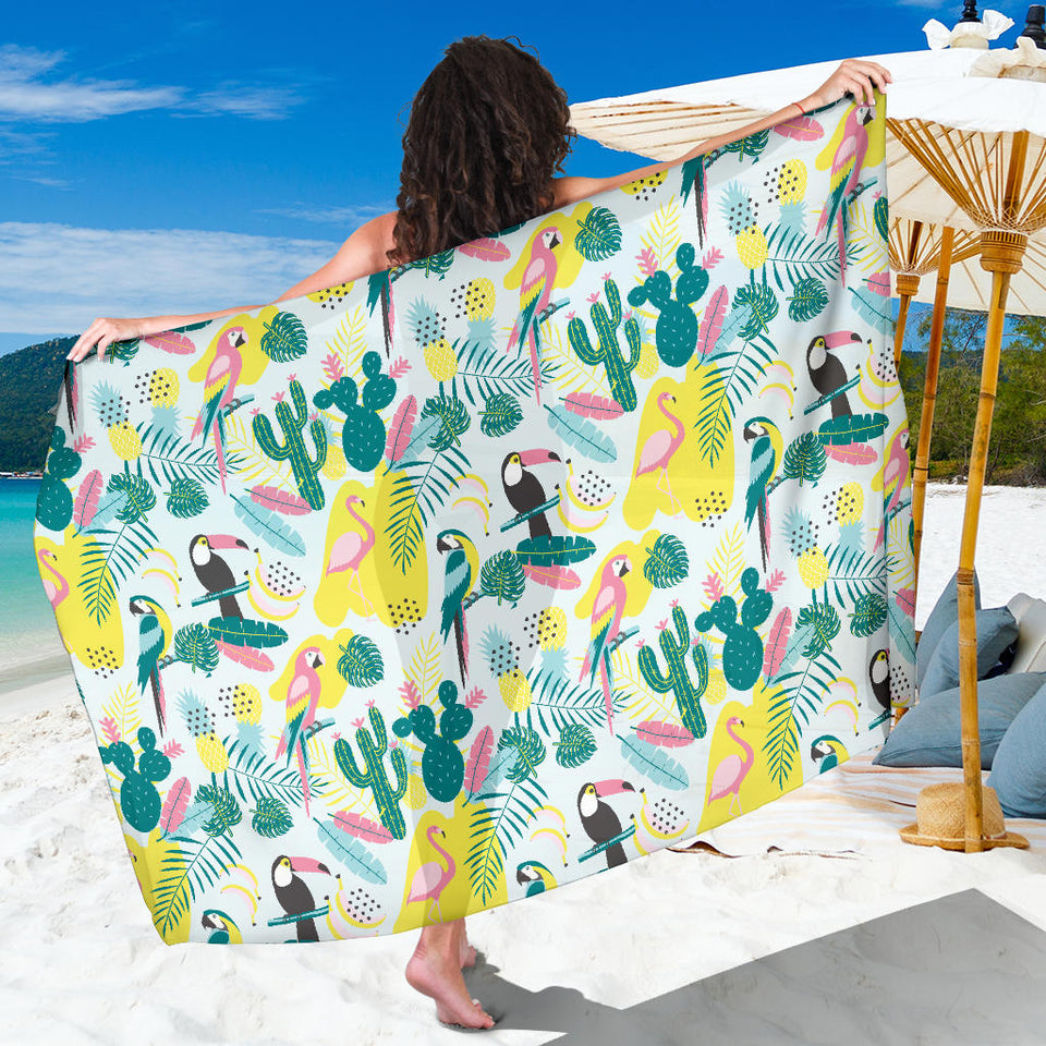 Cute Parrot Toucan Flamingo Cactus Exotic Leaves Pattern Sarong