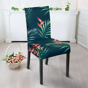 Heliconia Flowers, Palm And Monstera Leaves On Black Background Pattern Dining Chair Slipcover