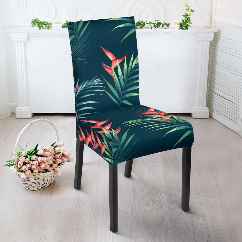 Heliconia Flowers, Palm And Monstera Leaves On Black Background Pattern Dining Chair Slipcover