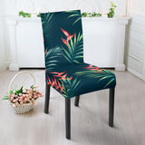 Heliconia Flowers, Palm And Monstera Leaves On Black Background Pattern Dining Chair Slipcover
