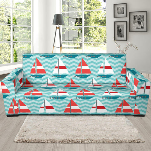 Red White Sailboat Wave Background Sofa Slipcover