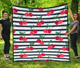 Hand Drawn Cherry Pattern Striped Background Premium Quilt
