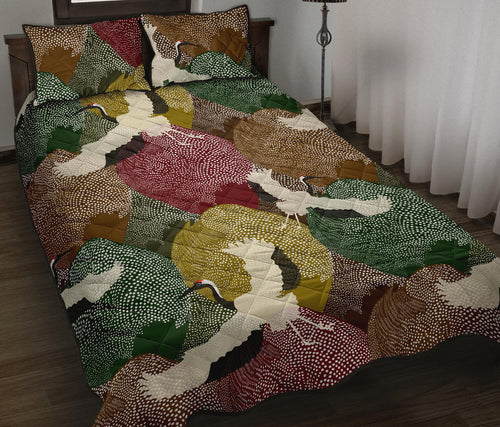 Japanese cranes flying forest dot pattern Quilt Bed Set