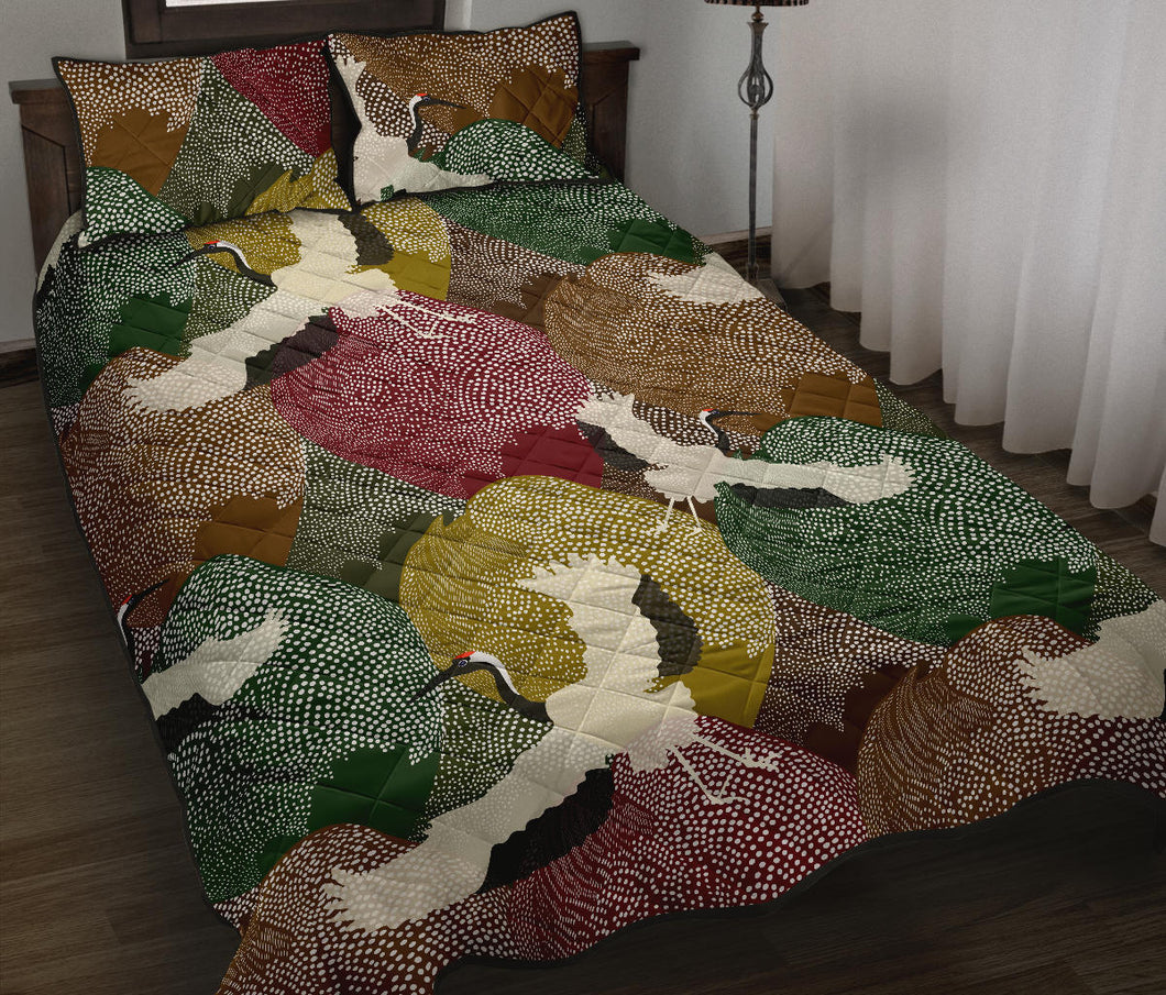 Japanese cranes flying forest dot pattern Quilt Bed Set