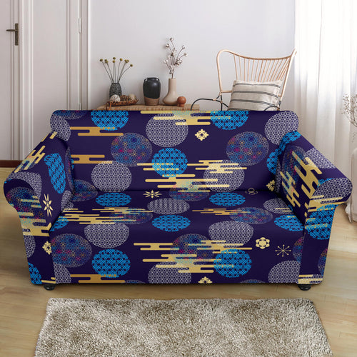 Blue Japanese Pattern Cloud Wave Flower Loveseat Couch Slipcover