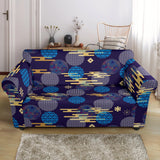 Blue Japanese Pattern Cloud Wave Flower Loveseat Couch Slipcover