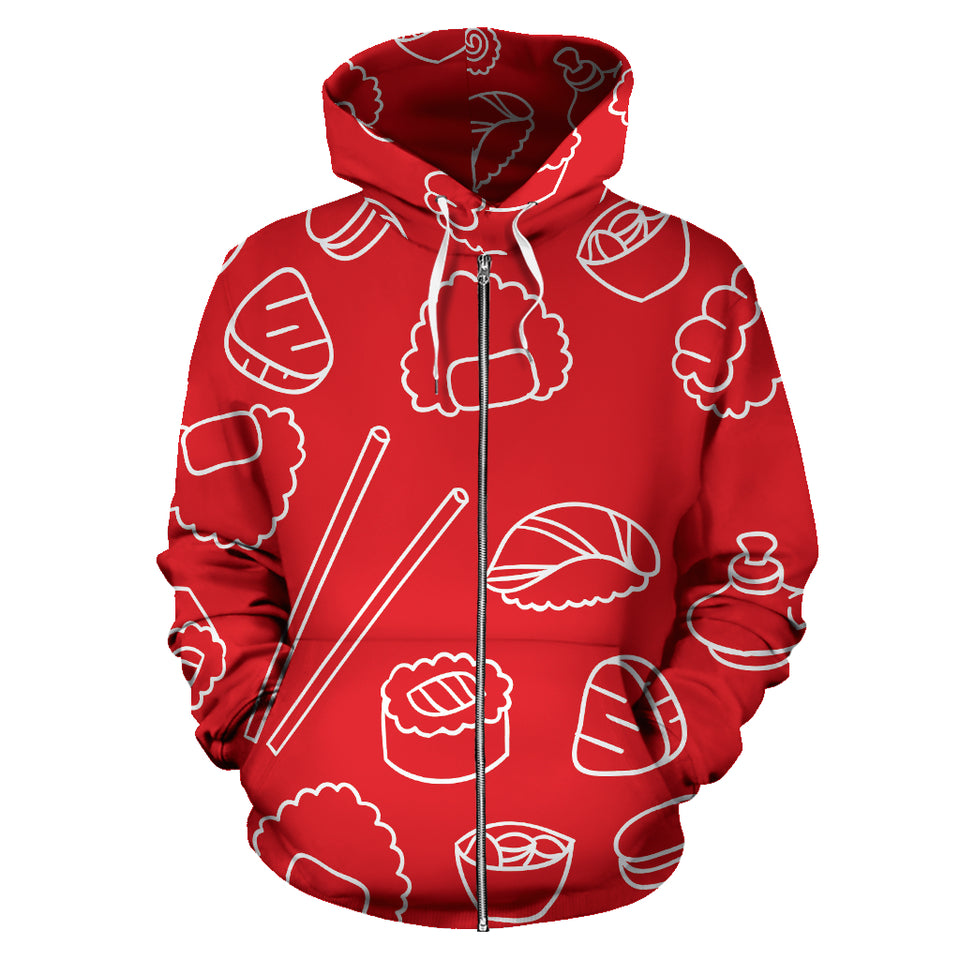Sushi Pattern Red Background Zip Up Hoodie