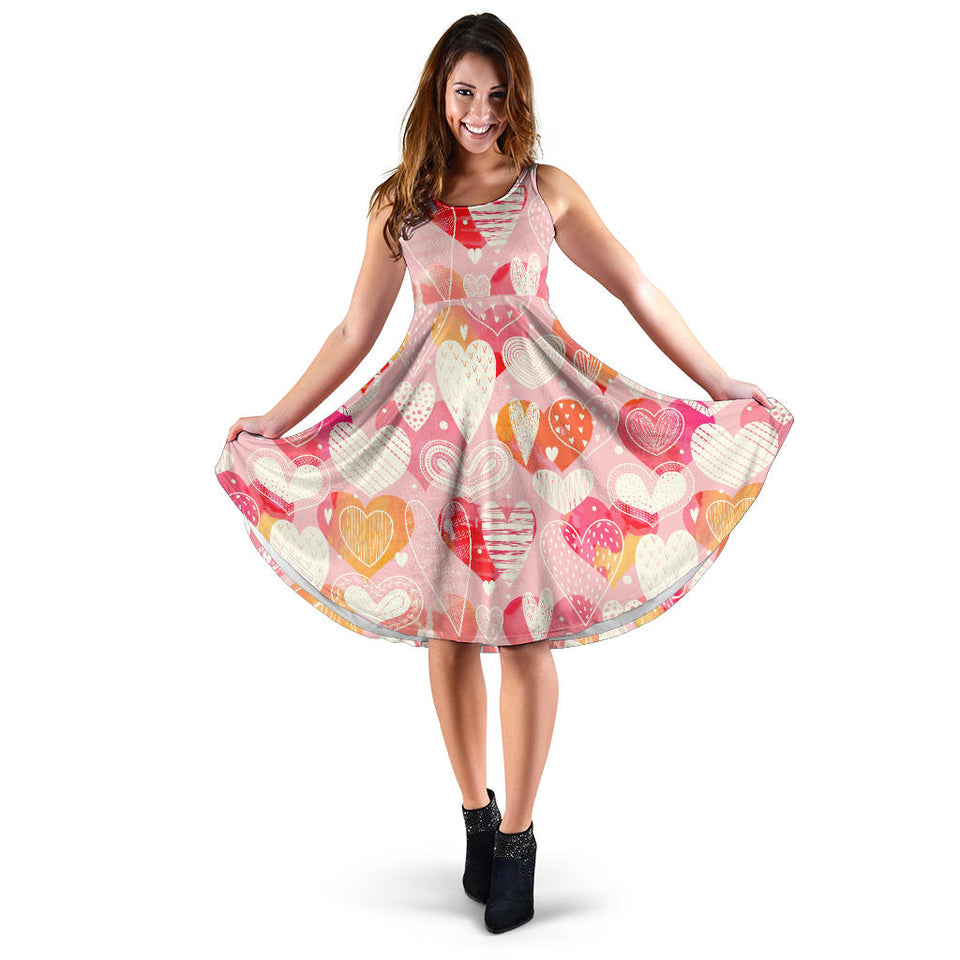 Hand Drawn Heart Design Pattern Sleeveless Midi Dress