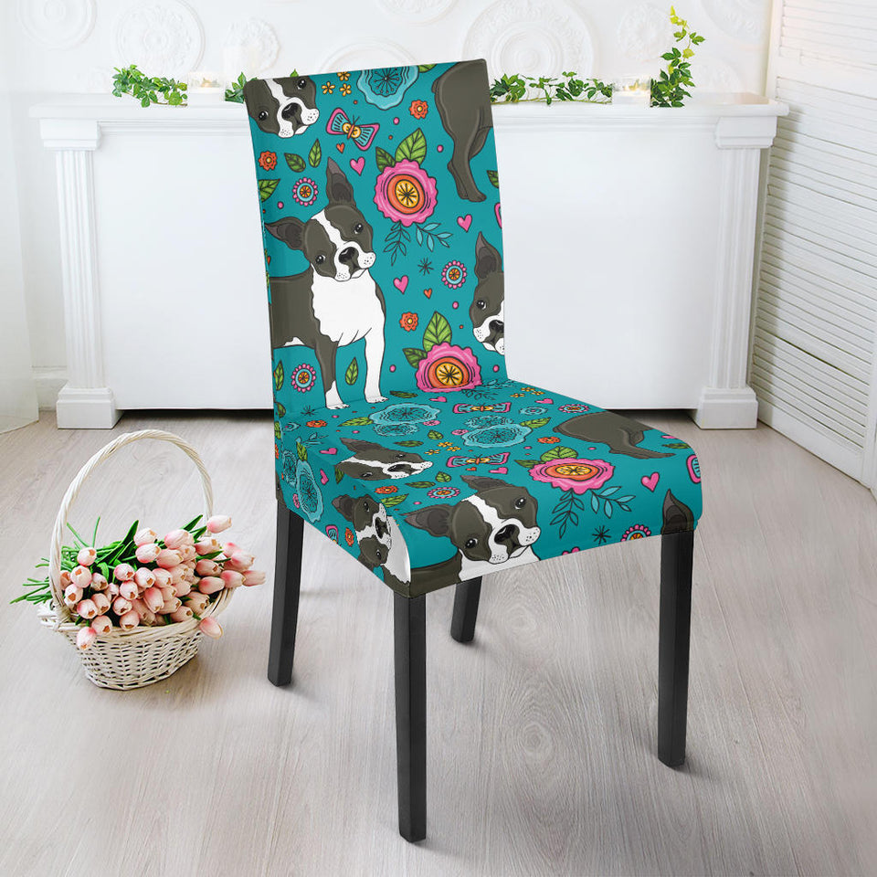 Boston Terrier Beautiful Flower Pattern Dining Chair Slipcover