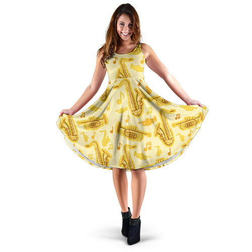 Saxophone Cornet Pattern Yellow Background Sleeveless Midi Dress