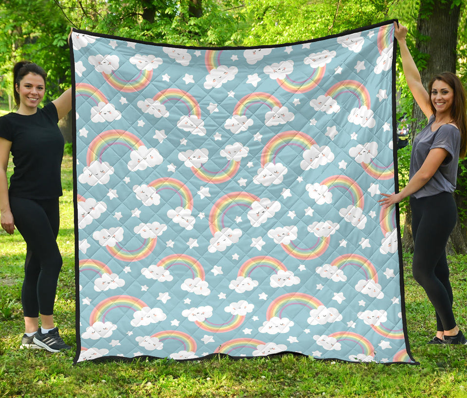 Cute Rainbow Clound Star Pattern Blue Background Premium Quilt