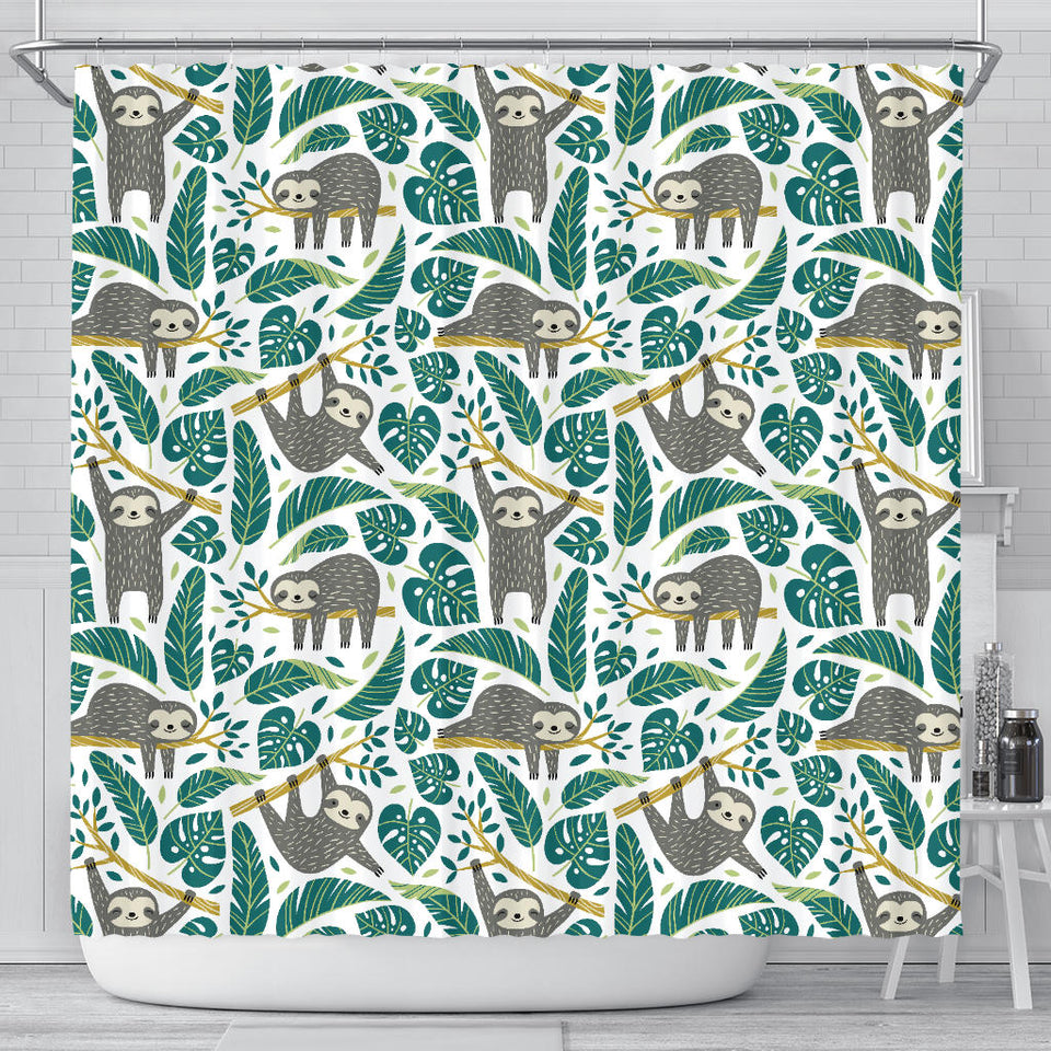 Cute Sloths Tropical Palm Leaves White Background Shower Curtain Fulfilled In US