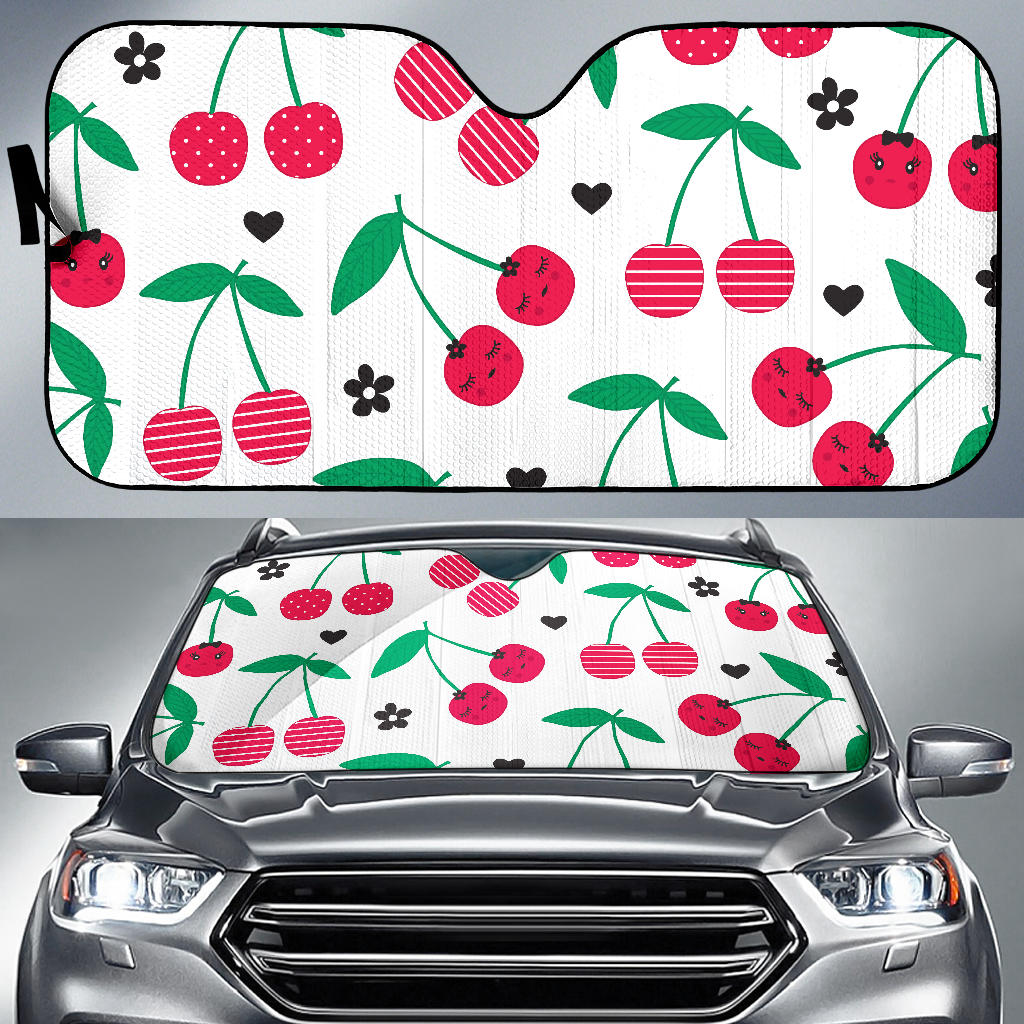 Cherry Pattern White Background Car Sun Shade