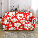 Cute Maneki Neko Lucky Cat Red Background Loveseat Couch Slipcover