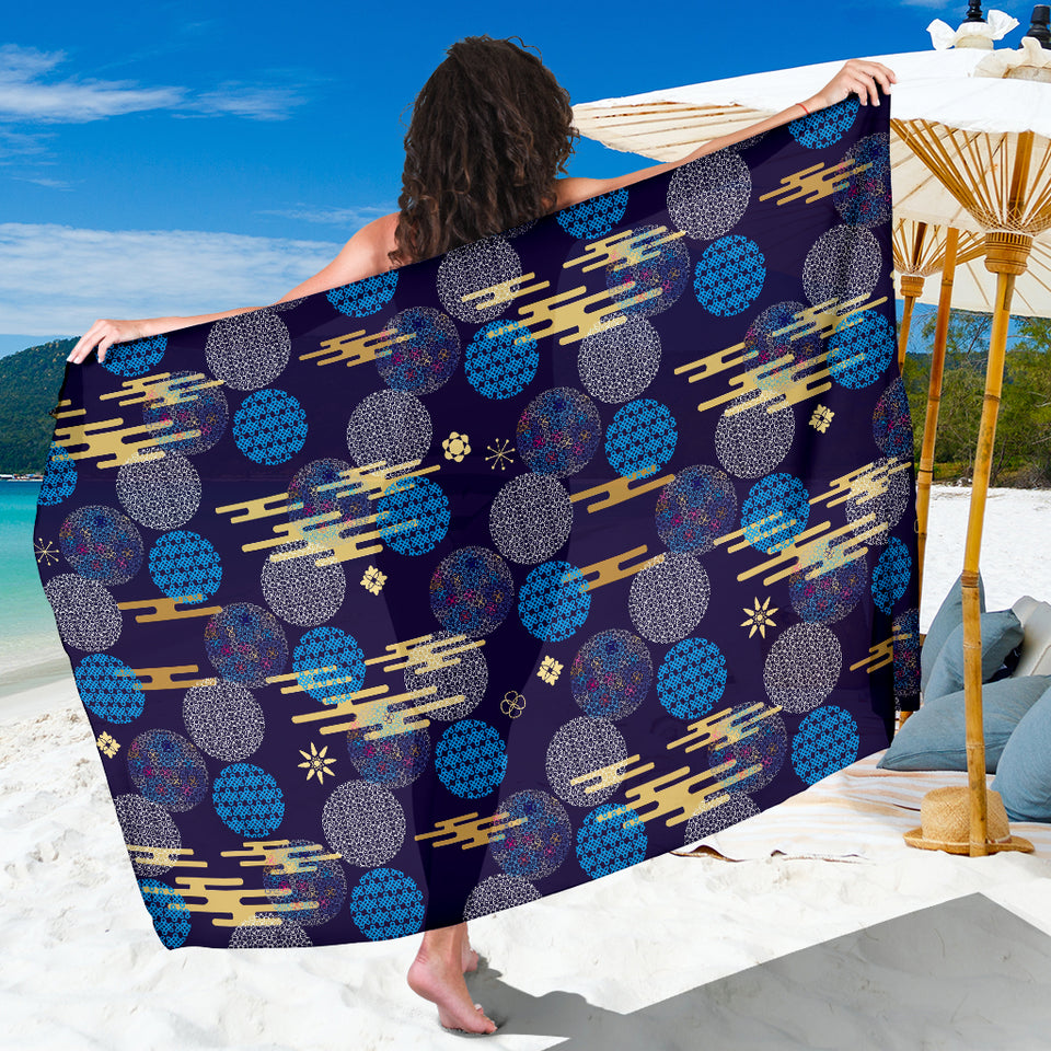 Blue Japanese Pattern Cloud Wave Flower Sarong