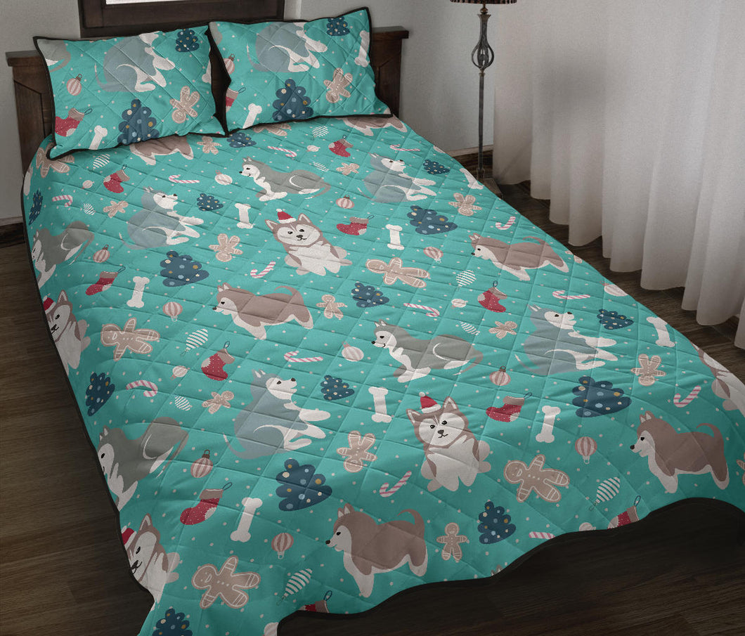 Christmas cute siberian husky puppie pattern Quilt Bed Set