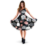 White Swan Blooming Flower Pattern Sleeveless Midi Dress