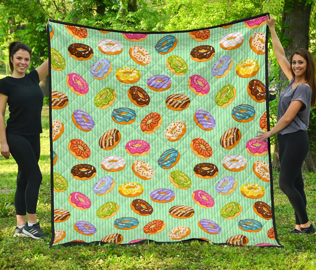 Colorful Donut Pattern Green Background Premium Quilt