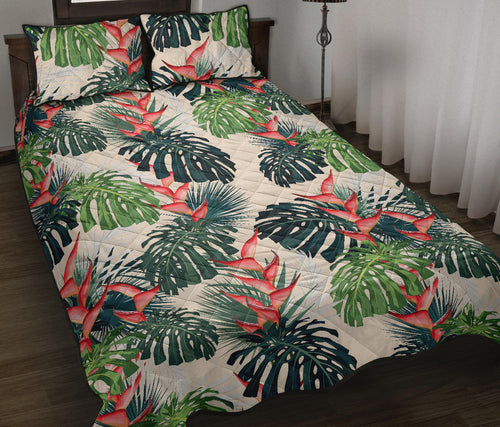 heliconia flowers, palm and monstera leaves Quilt Bed Set