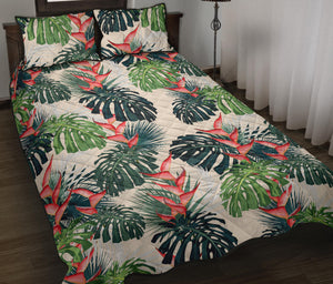 heliconia flowers, palm and monstera leaves Quilt Bed Set