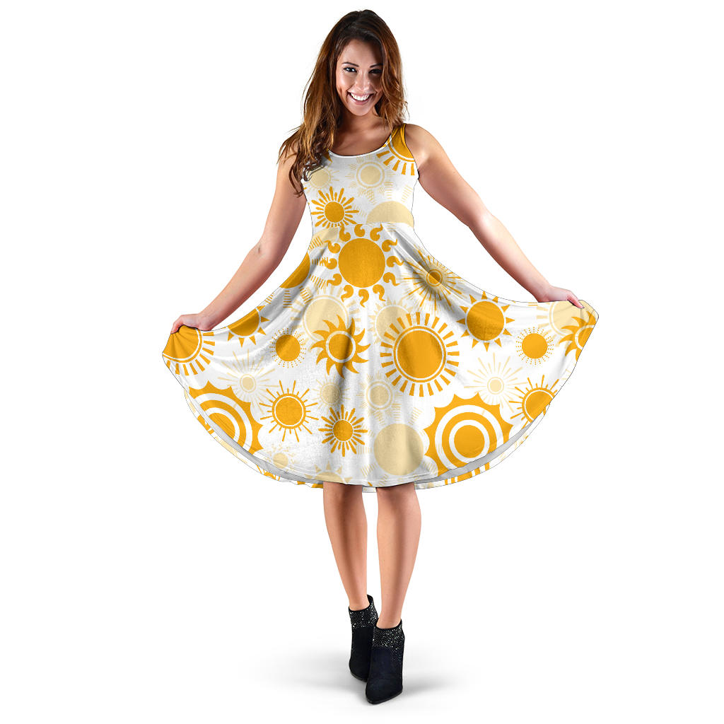 Sun Design Pattern Sleeveless Midi Dress