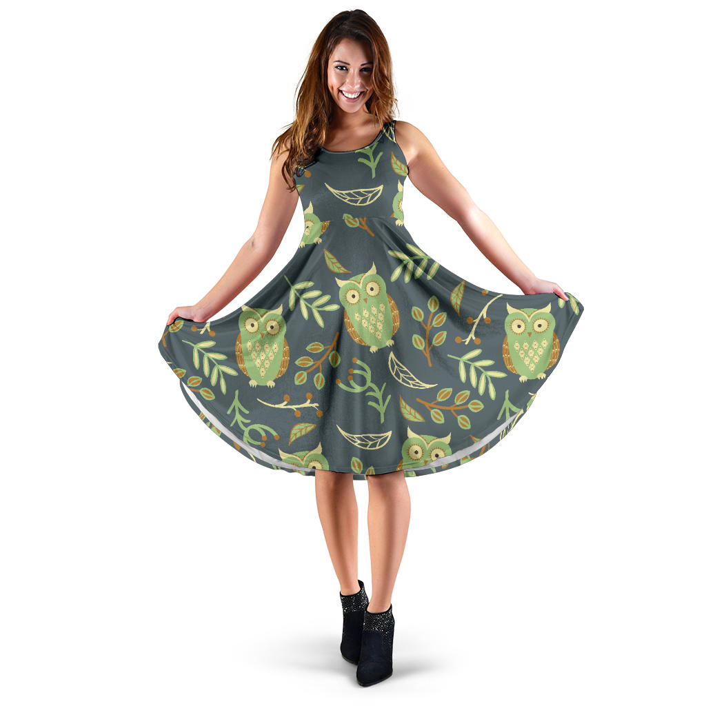 Cute Owls Leaves Pattern Sleeveless Midi Dress