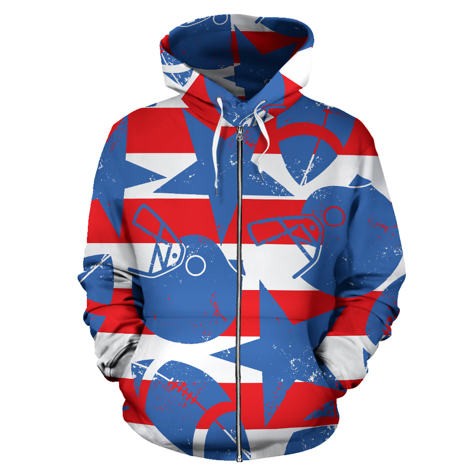 American Football Ball Star Stripes Pattern Zip Up Hoodie