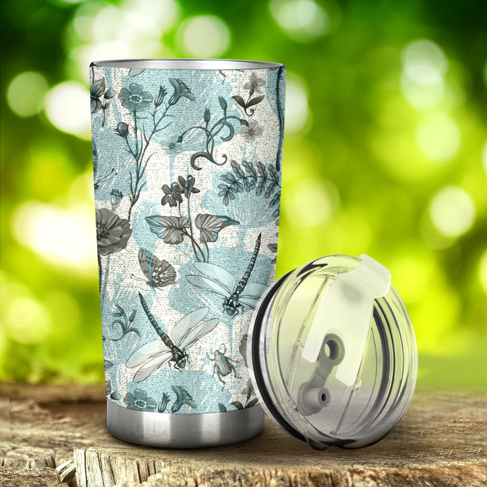 Dragonfly Butterfly Plants Insect Flower Vintage Style Pattern Tumbler