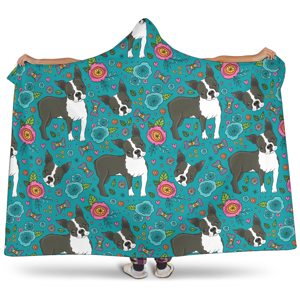 Boston Terrier Beautiful Flower Pattern Hooded Blanket