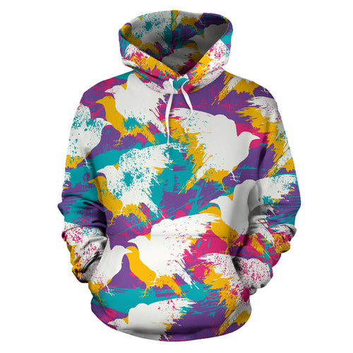Colorful Crow Illustration Pattern Men Women Pullover Hoodie