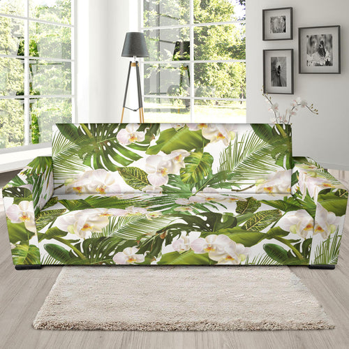 White Orchid Flower Tropical Leaves Pattern Sofa Slipcover