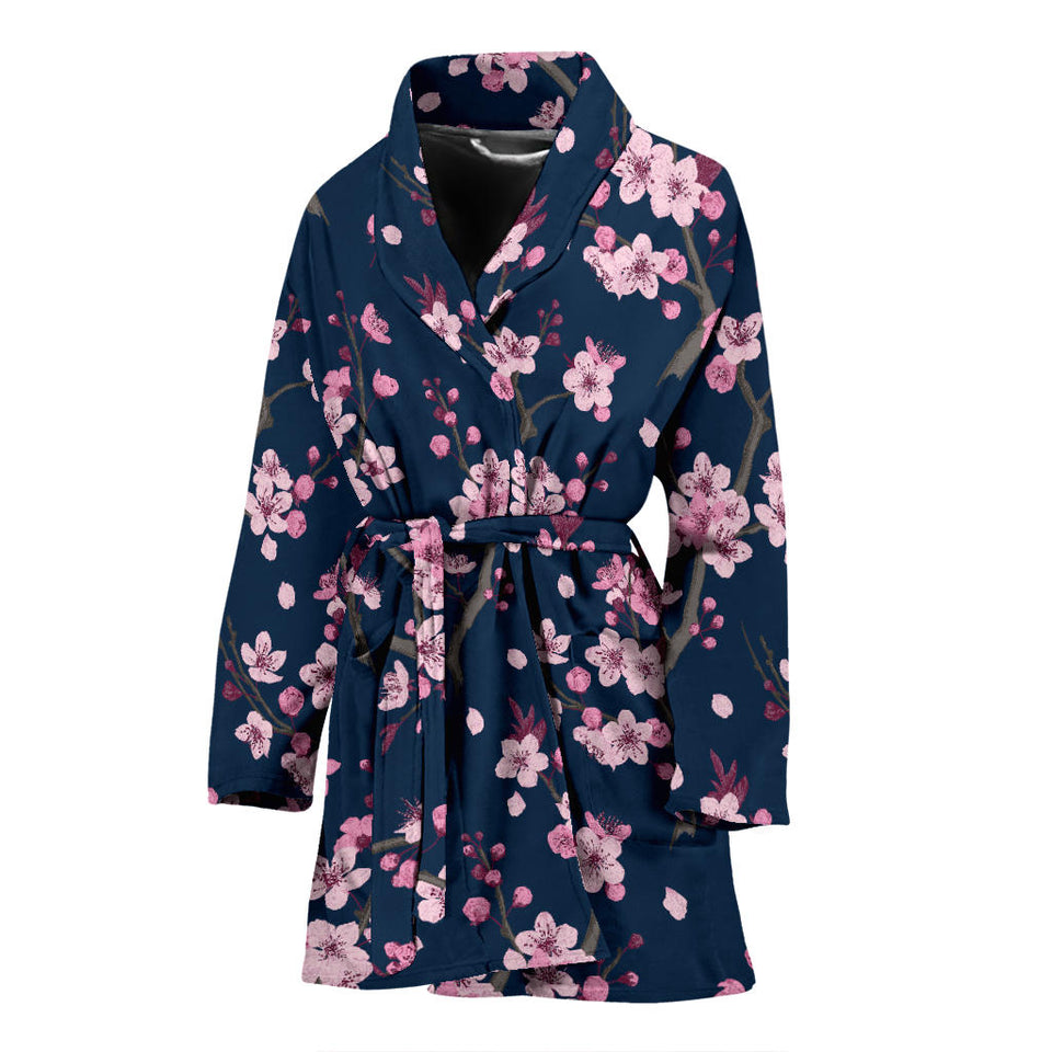Pink Sakura Cherry Blossom Blue Background Women'S Bathrobe