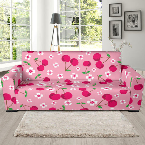 Cherry Flower Pattern Pink Background Sofa Slipcover