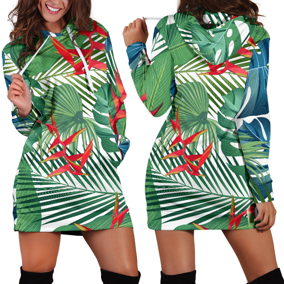 Heliconia Palm And Monstera  Leaves Pattern Women'S Hoodie Dress