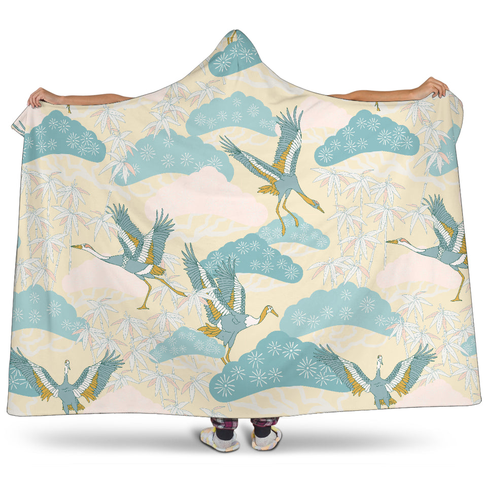 Bonsai Bamboo Stork Japanese Pattern Cream Theme Hooded Blanket