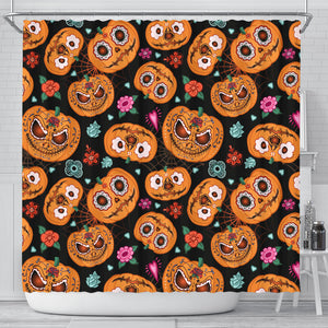 Pumpkin Flowers Spiderweb Halloween Theme Shower Curtain Fulfilled In US