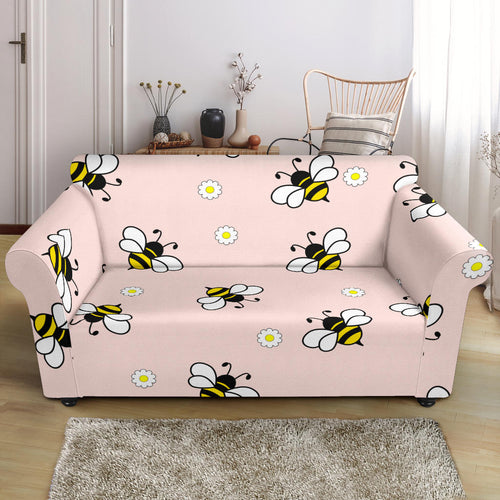 Cute Bee Flower Pattern Pink Background Loveseat Couch Slipcover