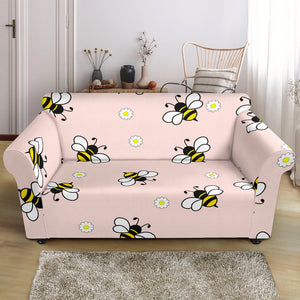 Cute Bee Flower Pattern Pink Background Loveseat Couch Slipcover