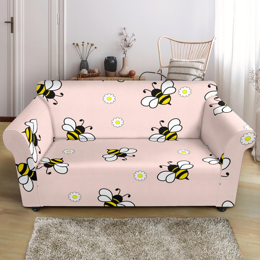 Cute Bee Flower Pattern Pink Background Loveseat Couch Slipcover