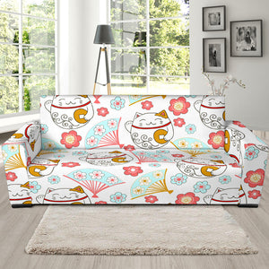 Maneki Neko Lucky Cat Fan Sakura Sofa Slipcover