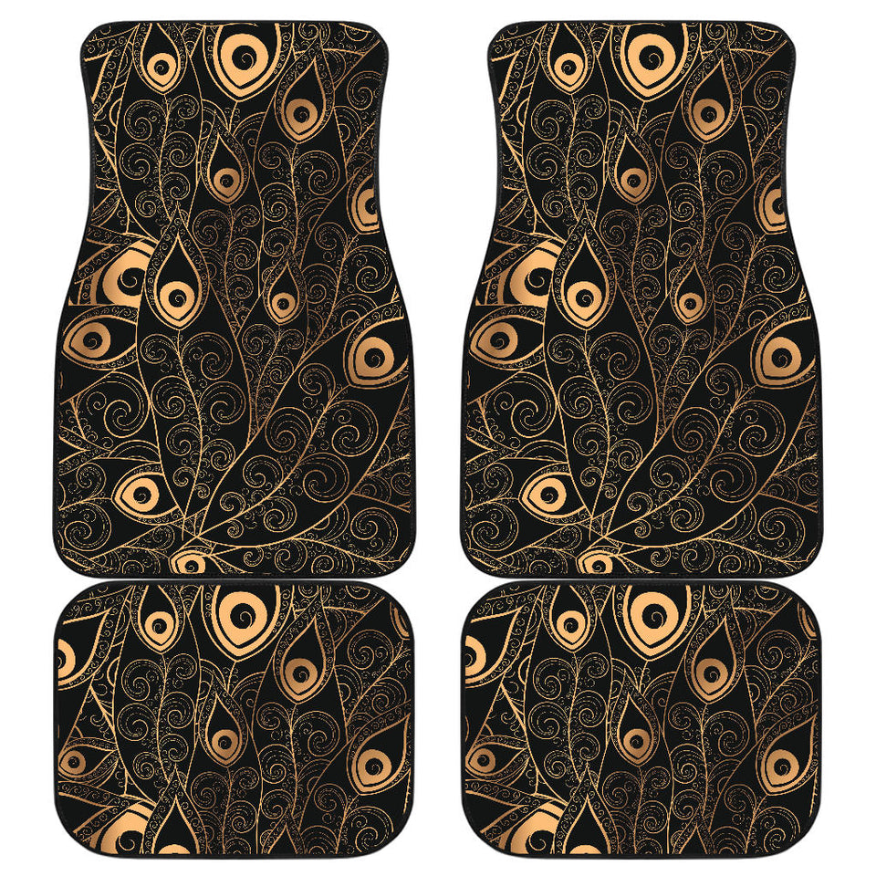 Gold Peacock Feather Pattern Front And Back Car Mats