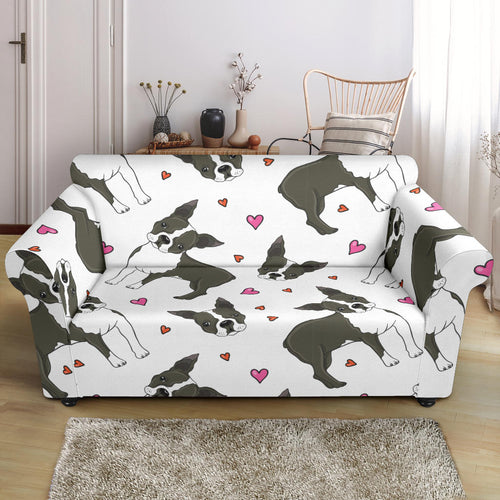Boston Terrier Dog Hearts Vector Pattern Loveseat Couch Slipcover