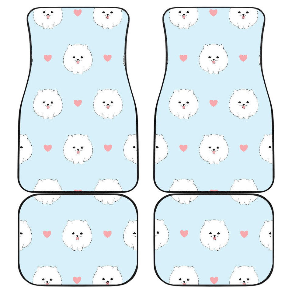 White Cute Pomeranian Pattern Front And Back Car Mats