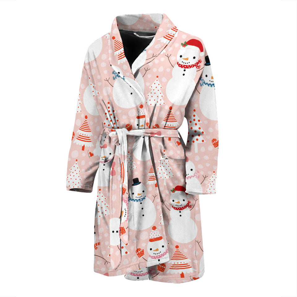 Cute Snowman Christmas Tree Snowpink Background Men'S Bathrobe