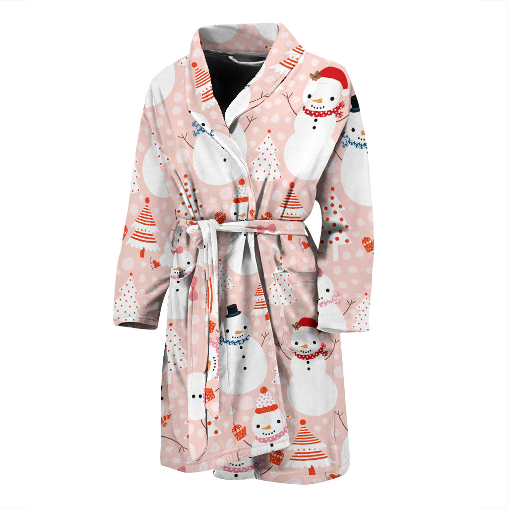 Cute Snowman Christmas Tree Snowpink Background Men'S Bathrobe