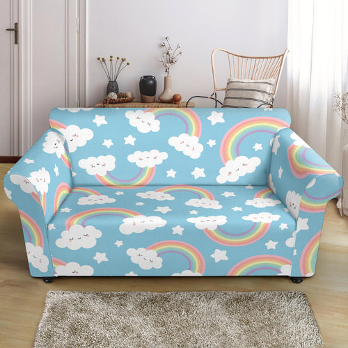 Cute Rainbow Clound Star Pattern Blue Background Loveseat Couch Slipcover