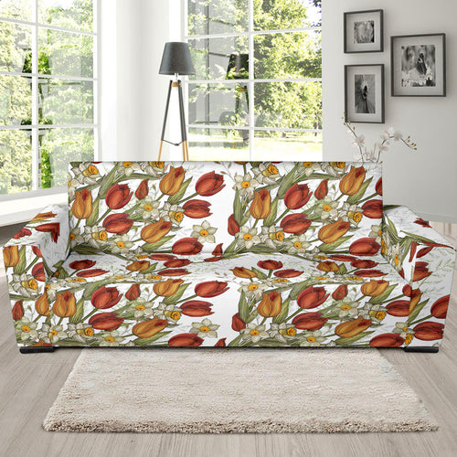 Red Tulips And Daffodils Pattern Sofa Slipcover