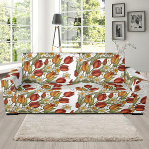 Red Tulips And Daffodils Pattern Sofa Slipcover