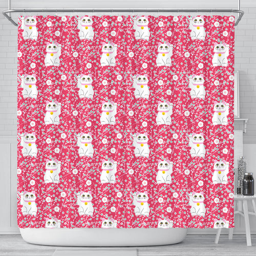Maneki Neko Lucky Cat Sakura Pink Background Shower Curtain Fulfilled In US