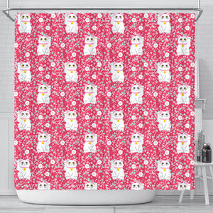 Maneki Neko Lucky Cat Sakura Pink Background Shower Curtain Fulfilled In US
